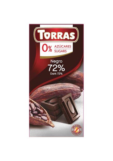 Chocolate Negro 72% Cacao Sin Azucar 75 Gr