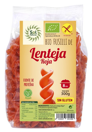 Fusilli De Llentia Vermella Bio Sense Gluten 300 G