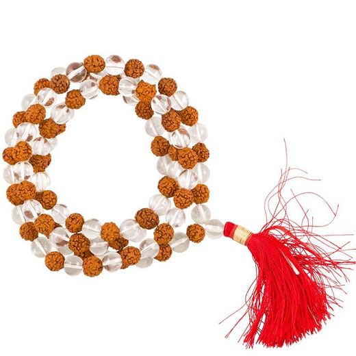 Mala de 108 cuentas de cristal de roca AA/Rudraksha + bolsa