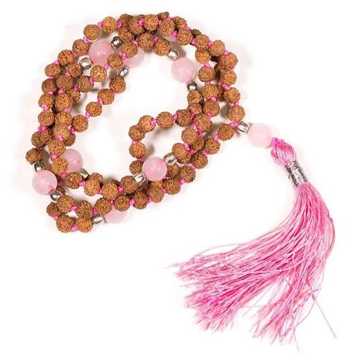 Mala de 108 perlas de cuarzo rosa y rudraksha con lazo rosa + bolsa de brocado